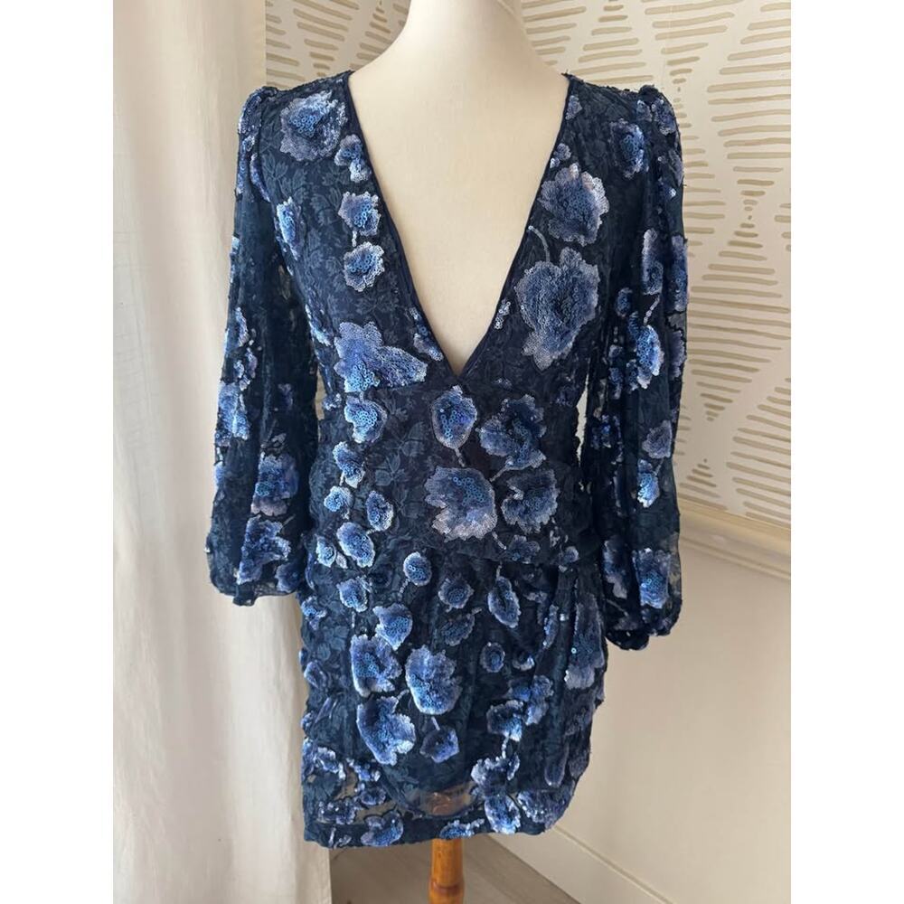 For Love & Lemons Medium Victoria Blue Floral Sequin Embroidered Mini Dress - Picture 3 of 10